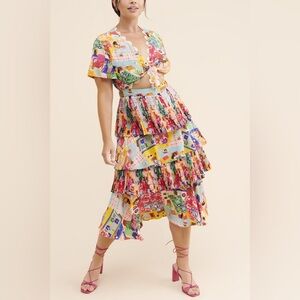 Celia B In Bloom tie front cutout tiered ruffle pleated midi dress L